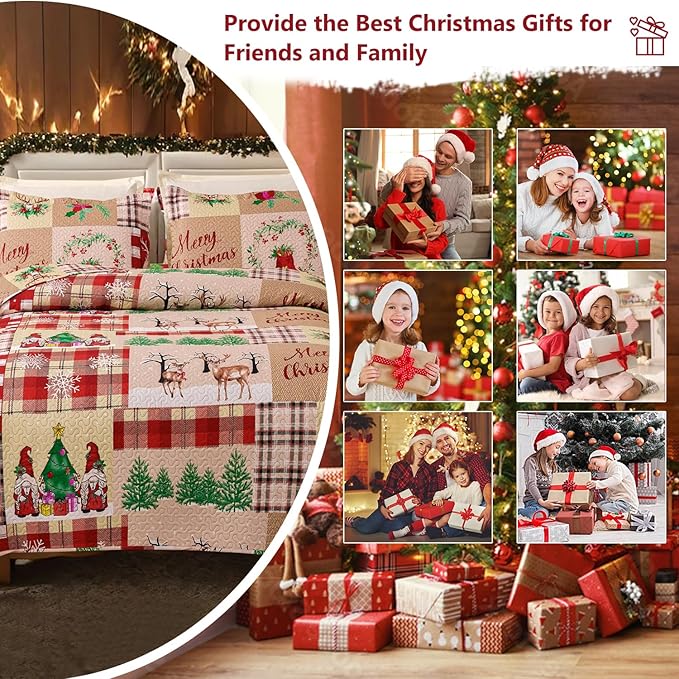 Christmas Bedding Set Twin Christmas Quilt Bedspread,Gnome Santa Claus Plaid Patchwork Xmas Quilt Set Bedding Holiday Christmas Quilts Decor Gift Elk Pattern Lightweight Reversible Bedspread Coverlet