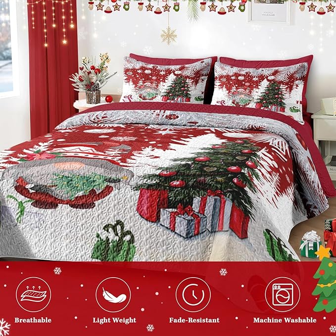 Christmas Full/Queen Size Quilt Set, Cute Gnome Lightweight Bedspread Coverlet with Pillow Shams for Kids and Adults, Merry Xmas 3 Pcs Bedding Bed Cover