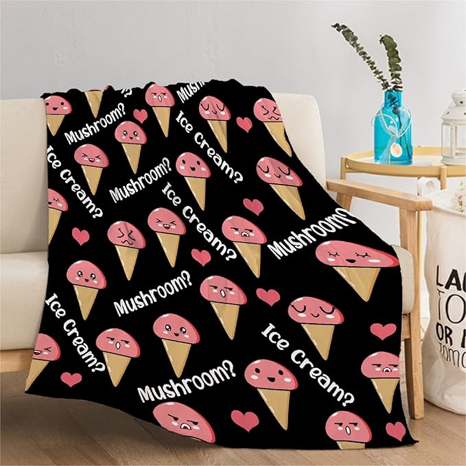 Thuswarm Mushroom Or Ice Cream Flannel Throw Blanket Warm Cozy Soft Funny Print Blankets for Bed Couch Sofa Room Decoration Gifts 60"×50" Medium for Teen