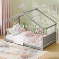 Twin House Bed, Montessori Floor Bed with Headboard & Footboard, Solid Wood Bed Frame for Toddlers Teens Bedroom, No Box Spring Needed, Grey