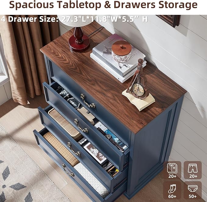 Bedroom Sets, 54" Wide 7 Drawers Dresser and 37" Tall 4 Drawers Dresser, Wooden 2 Piece Bedroom Furniture Set, Chest of Drawer for Bedroom, Home, Living Room, Hallway, Navy Blue