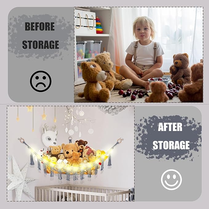 Stuffed Animal Hammock with LED Light, Large Stuffed Animals Storage Corner Plushie Net for Kids Room Decor, Grey