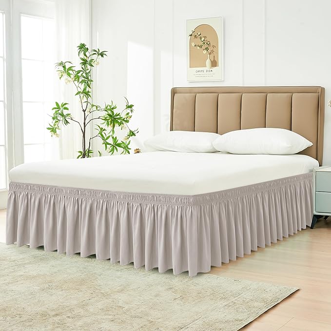 Biscaynebay Wrap Around Bed Skirts for Queen Beds with 12" Short Drop, Camel Grey Adjustable Elastic Dust Ruffles Easy Fit Wrinkle Resistant Silky Luxurious Fabric Machine Washable
