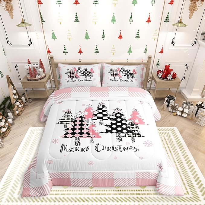 Manfei Merry Christmas Comforter Set Full Size, Pink Plaid Xmas Trees Bedding Set 3pcs, New Year Cartoon Down Comforter for All Season, Kids Girls Santa Claus Bedroom Decor, 2 Pillowcases, No Sheets