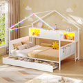Hasuit Corner Twin House Bed Frame with Storage Drawers & Bookcase, House Shaped Metal Beds with Charging Station & LED Light, Corner Bed with Upholstered Headboard, Twin Size Bed for Kid Teens, White