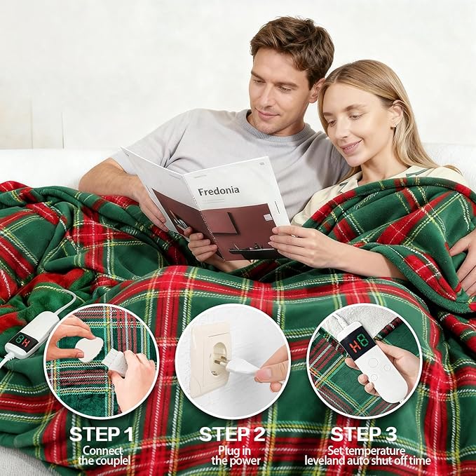 Electric Blanket Heated Twin, Soft Flannel 62"x84" Plaid Heating Blanket with 8 Hours Auto Off 10 Fast Heating Levels Machine Washable Sherpa Heated Blanket with Overheating Protection