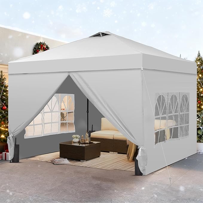 GDY 12x12 Pop Up Canopy Tent with 4 Sidewalls, Easy Set up with One Push Lift Outdoor Silver Coated Beach Gazebos, Carpas for Pool, Events, Parties, and Camping, White.