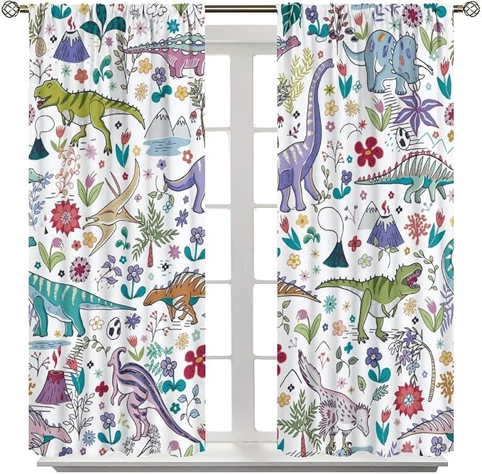 Dinosaur Curtains Cartoon Cool Funny Dino Tropical Plant Leaves Flowers Aesthetics Art Print for Kids Boys Bedroom Living Room Rod Pocket Decoration Window Drapes 2 Panels W31.5xL72in