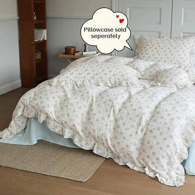 BuLuTu Chic Shabby Vintage Floral Duvet Cover Twin for Kids Girls Boys 100% Cotton Muslin Ruffled Quilt Cover Twin, 68"x86", Freesia Print, Soft Breathable, Zipper Closure, No Pillowcase