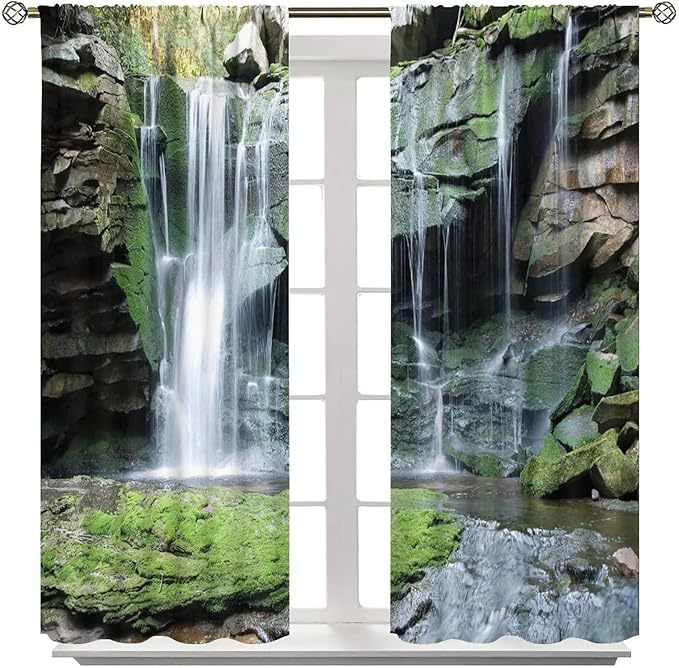 Forest Waterfall Blackout Windows Curtains, Rocky Waterfall to Pond Running Off Scenic Nature Themed Picture Print Curtains, for Living Room Bedroom 84x84in 2 Panels