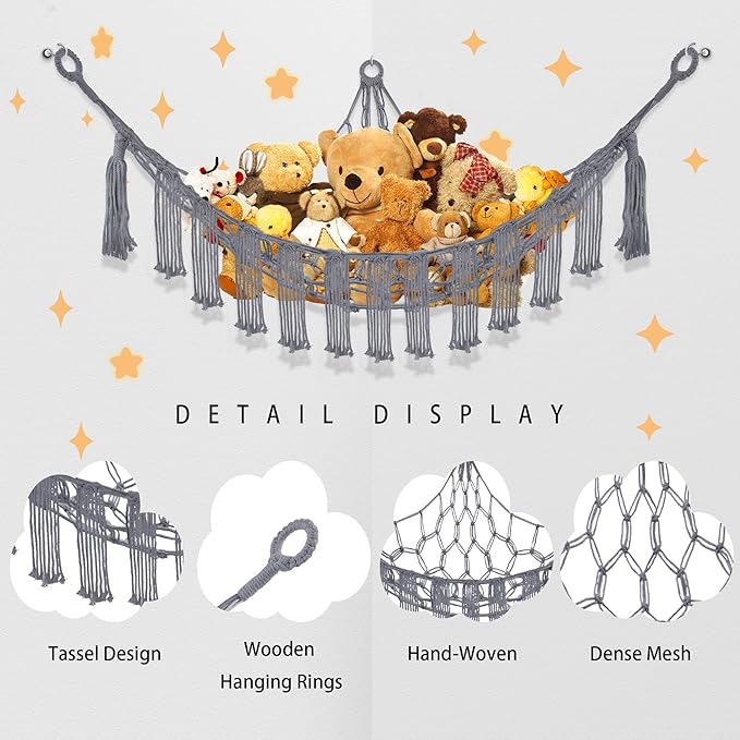 Stuffed Animal Hammock with LED Light, Large Stuffed Animals Storage Corner Plushie Net for Kids Room Decor, Jumbo Grey