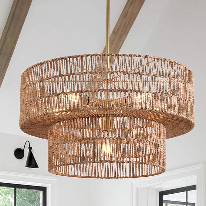 23.62" 6-Light Rattan Farmhouse Chandelier, Boho Large Pendant Light, Large Wicker Chandelier Light Fixtures, Hand Woven Chandeliers, for Dining Room