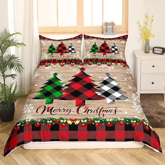 Manfei Plaid Tree Duvet Cover Set Twin Size, Wooden Stripe Print Bedding Set 2pcs for Kids Boys Girls Bedroom Decor, Christmas Theme New Year Comforter Cover with 1 Pillowcase,No Comforter