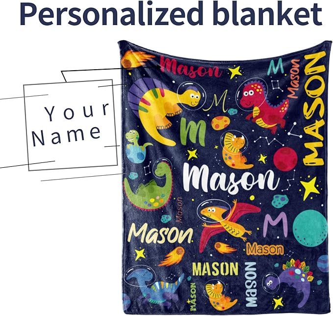 Custom Dinosaur Blanket for Boys, Personalized Name Blanket for Kids Dino Outspace, Soft Flannel Dinosaur Customized Gift for Birthday Christmas Baby Shower Children Day 40"x50"
