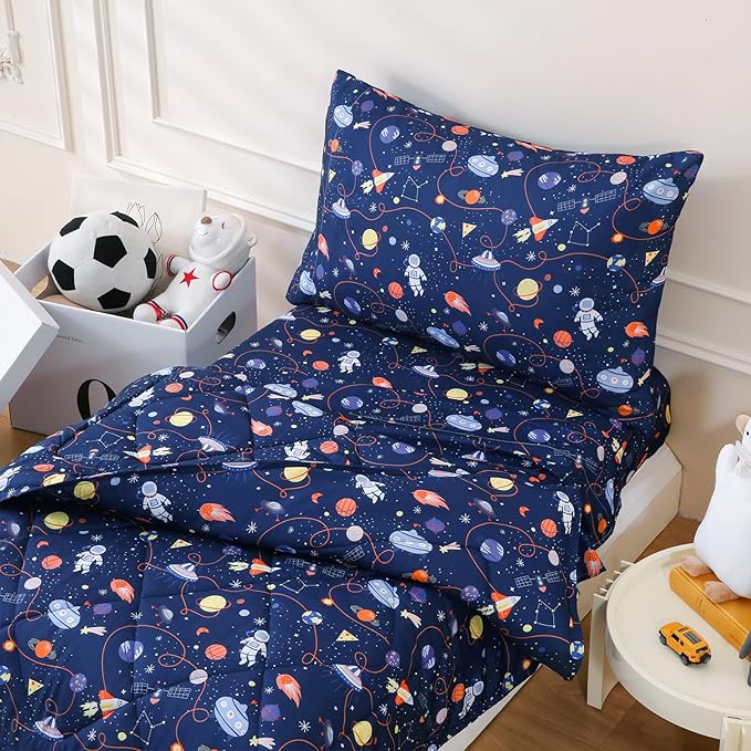 LONAVA Twin Kids Comforter Set - 4 Pieces Twin Bedding Sets for Boys Girls Children, Ultra Soft Microfiber Bed in A Bag with Flat Fitted Sheets, Space