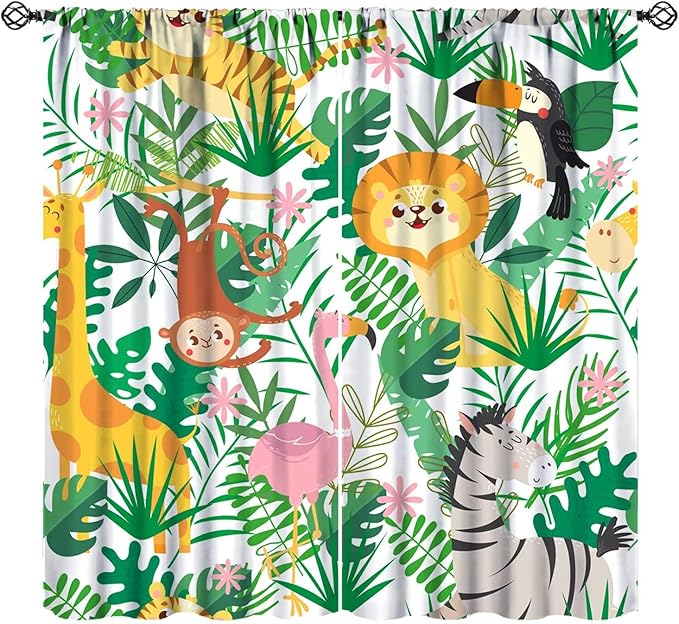 Jungle Animals Curtains Cartoon Cute Lion Giraffe Monkey Zebra Woodland Art Printed for Children Girls Boys Bedroom Nursery Rod Pocket Decoration Window Drapes 2 Panels W31.5xL72in