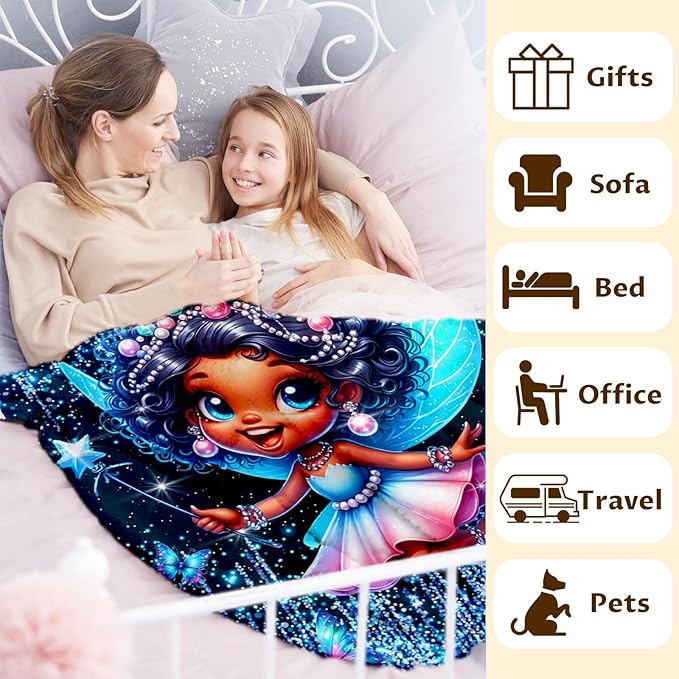 Blanket for Girls, Fairy Throw Blankets Gift for Toddler Kids Daughter 40x50 Inches Soft Cozy Cute Black Throw for Sofa Couch Living Room Bed
