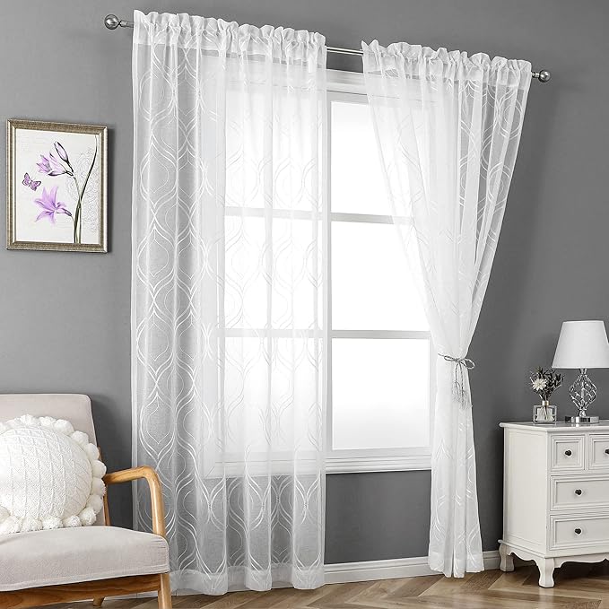 VISIONTEX White Sheer Curtains 95 Inches Long 2 Panels Set Moroccan Embroidered Curtains Trellis Decor French Textured Rod Pocket Voile Tulle Semi Window Drapes for Bedroom Living Room 54 x 95 Inches