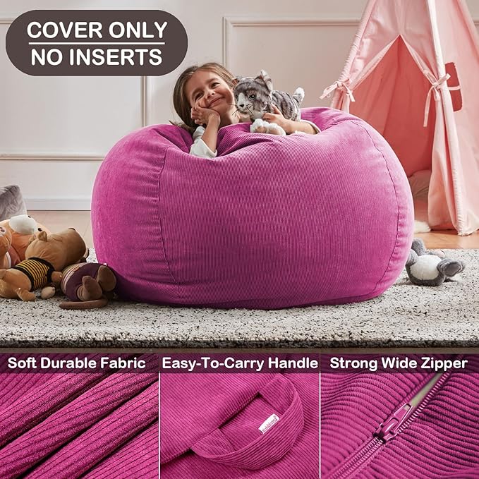 Nobildonna 3 ft Bean Bag Chair Cover (No Filler) 35"×43" Large Stuffed Animal Storage Bean Bag Washable Big Beanbag Chair Cover Premium Corduroy Bean Bag Cover for Adults,Kids,Rose Red 300L