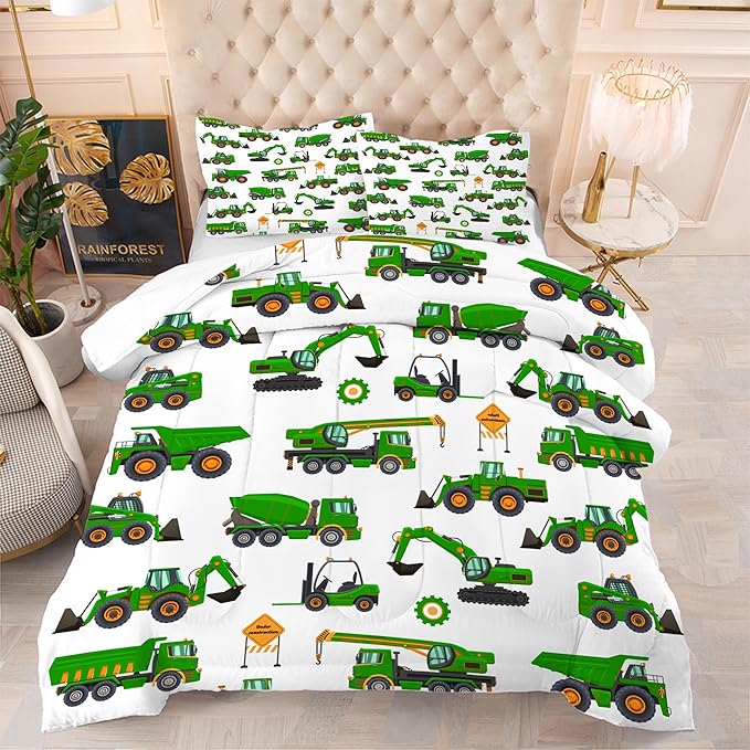 Comforter Set Green Tractor: Full Size Cartoon Excavator Truck Car Bedding Sets for Boys Kids Teens Toddler Construction Vehicles Quilt Bed Set with 1 Comforter & 2 Pillowcases