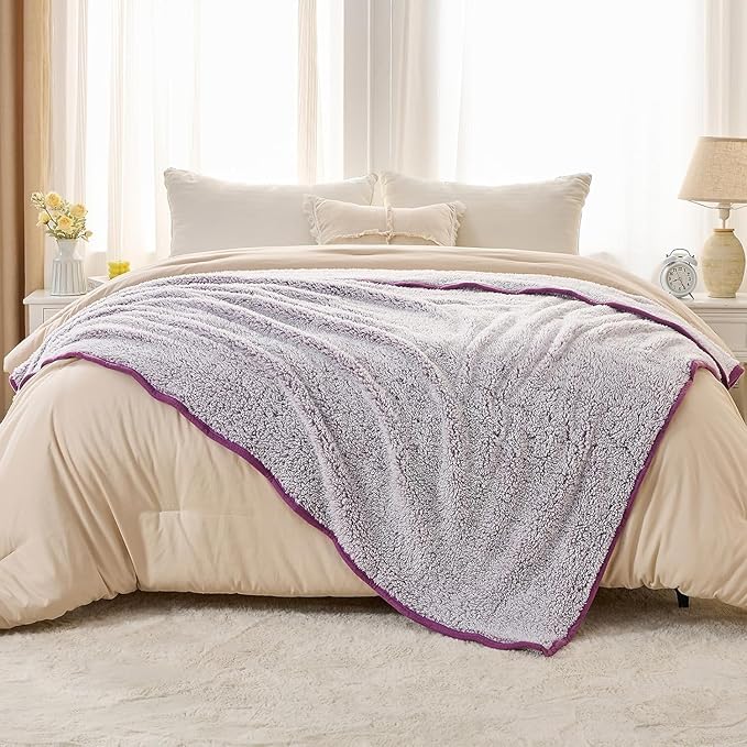EMME Soft Sherpa Fleece Blanket Reversible Plush Fluffy Large Blanket, Light Weight Warm Decorative Boho Blanket Cover for Sofa, Couch, Bedroom,Travel(Plush Purple,90"x90")