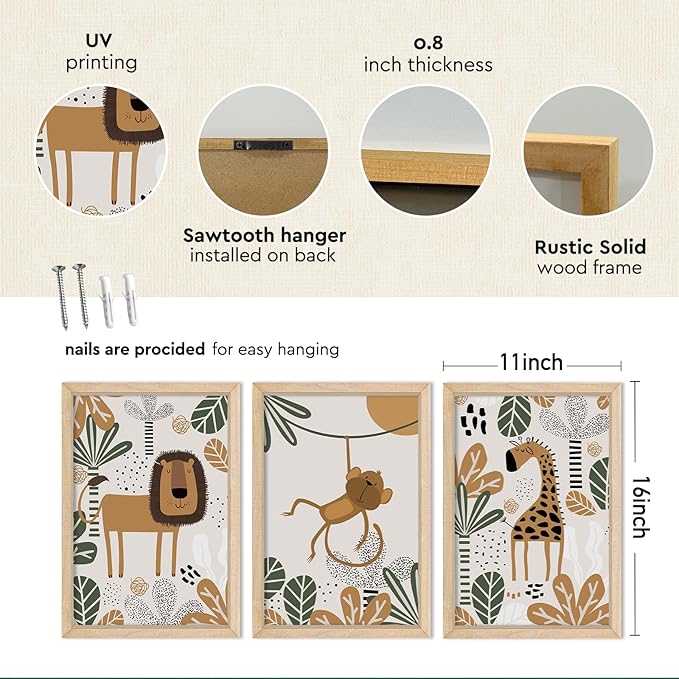 YWJKWLGS Kids Safari Animal Wall Decor, 3 Piece Nursery Art for Baby Room 11"x16" Jungle Theme Cute Lion Monkey Giraffe Prints Sign Wood Framed for Children's Room Toddler Bedroom Decoration (Wood)