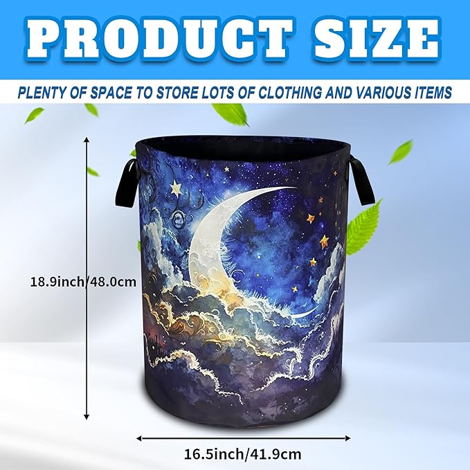 Night Moon Laundry Basket Oxford Cloth Starry Sky Laundry Hamper With Handle Foldable Portable Clothes Storage Basket 18.9 X 16.5 Inch Storage Bag For Laundry Room/Bathroom/Bedroom/Dormitories