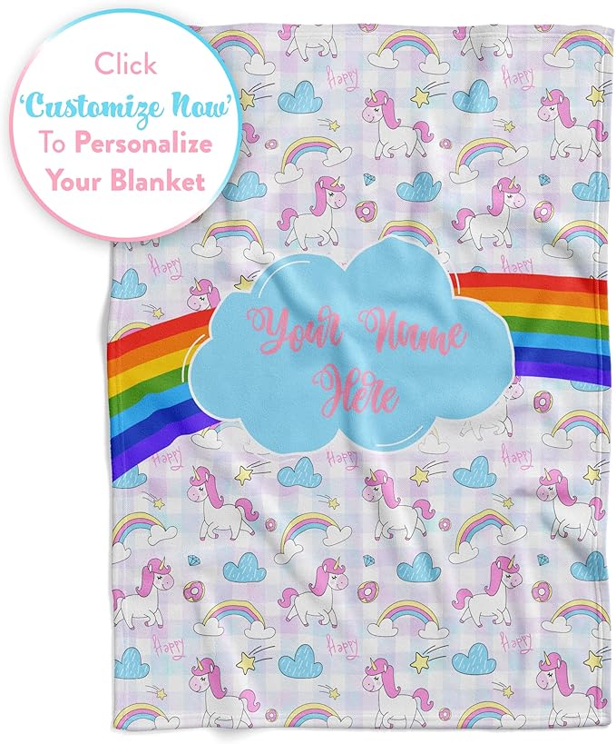 Personalized Rainbow Unicorn Throw Blanket for Girls and Boys with Custom Name, Cute Soft Bedding for Nursery Room or Tummy Play, Warm and Plush (Fleece 50x60)