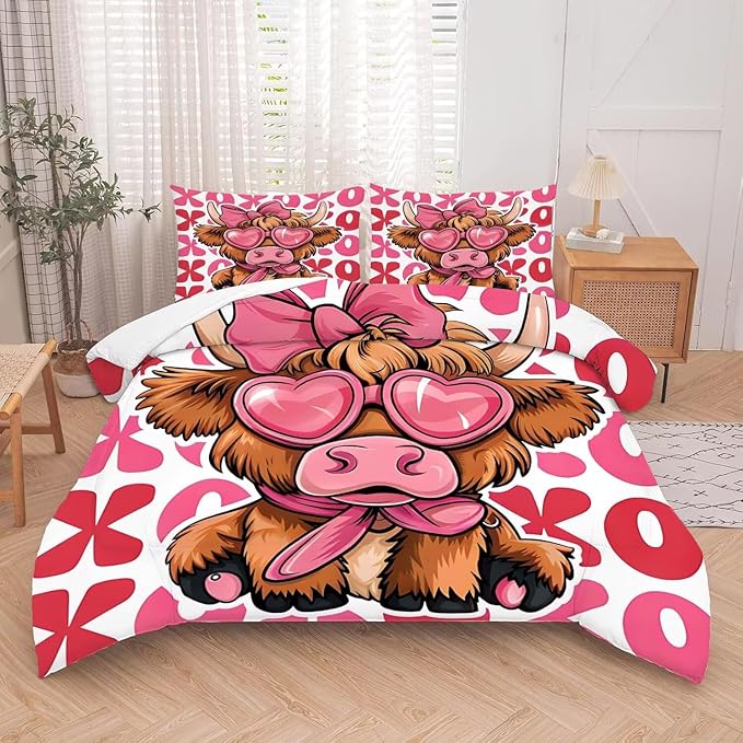 kxry Cute Cattle Comforter Set King Size Cartoon Calf Animal Bedding Sets for Girls Teens Kids Funny Animal Soft Microfiber Lightweight Comforter Set with 1 Comforter + 2 Pillow Cases