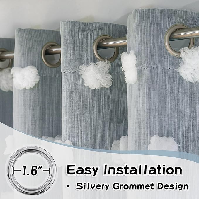 MYSKY HOME Blue Living Room Curtains Kids Curtains for Boys Bedroom 84 Inches Long Double Layer Curtains Room Darkening Grommet White Pom Pom Sheer Blackout Curtains Dusty Blue 52 x 84 Inch 2 Panels