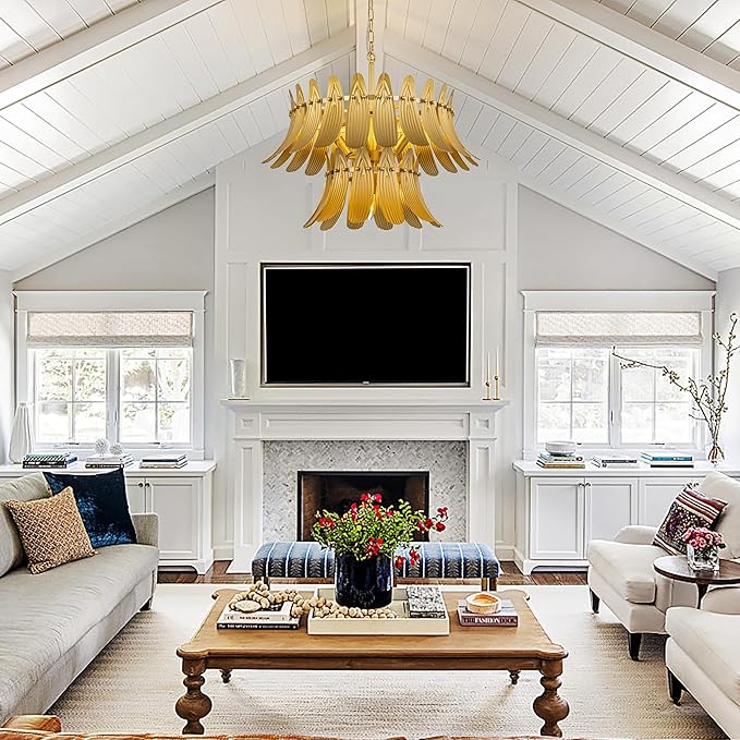 TOCHIC Modern Farmhouse Gold Chandelier, 6-Light Leaf Chandeliers for Dining Room, 24" 2-Tier Ceiling Light Fixture for Living Room, Bedroom, Entryway, Kitchen Island
