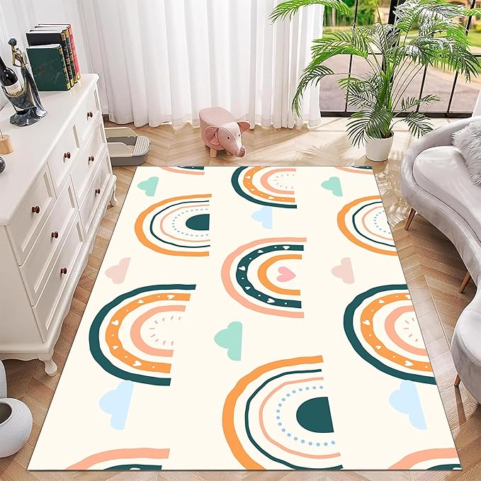 Children's Carpet Girl's Bedroom Rainbow Carpet Living Room Area Rugs Soft Washable Non-Slip Rugs Simple Lovely Rainbow White Cloud Print Children's Room Nursery Decoration Beige 2x5ft