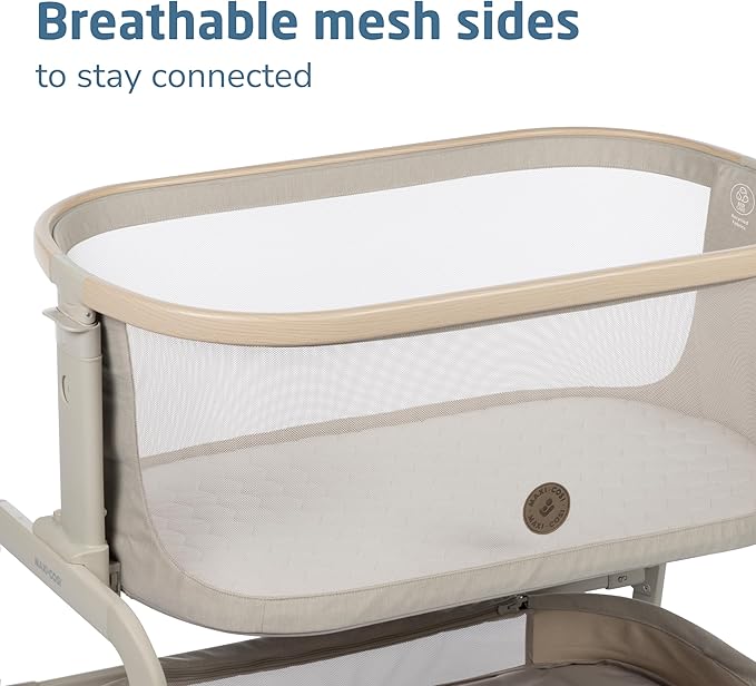 Maxi-Cosi Iora Baby Bassinets Bedside Sleeper, Portable Bassinet, Infant Bedside Sleeper Crib, Height Adjustable, Breathable Mesh, Large Storage Basket, Classic Oat