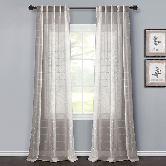 Lush Decor Farmhouse Textured Back Tab/Rod Pocket Sheer Window Curtain Panel Pair, 38"W x 84"L, Gray