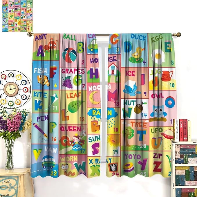 Colorful ABC Classroom Nursery Curtains Kids Alphabet Learning Baby Boys Girls Curtain with Rod Pocket for Children Toddler Playroom Home Drapes Window Treatments 2 Panels Set 42" W X 63" L
