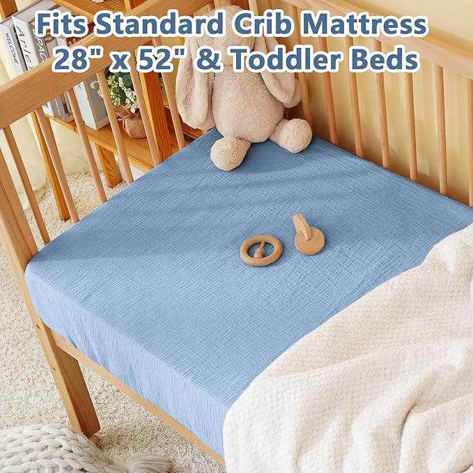 Muslin Crib Sheet – 100% Cotton Baby Fitted Sheet for Boys & Girls, Ultra Soft & Breathable, Snug Fit with 360° Elastic, Fits Standard Crib Mattress 28" x 52" & Toddler Beds.