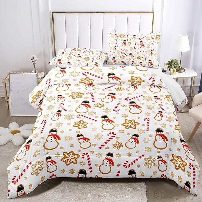 Raphus cucullatus Christmas Bedding Twin,Snowman Christmas Comforter Set,Holiday Bedding Winter Quilt,Snowflake Navidad Comforter Set Twin,Cute Candy Cane Quilt