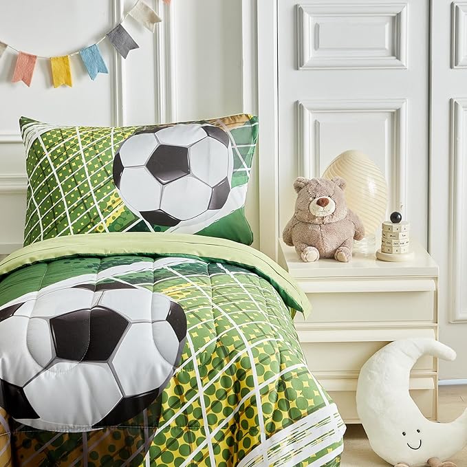4 Pieces Soccer Toddler Bedding Set for Boys Girls Yellow Green Soccer Field Toddler Bed Set with Goal Cute Toddler Bed in a Bag with Sheet Set and Pillow Shams