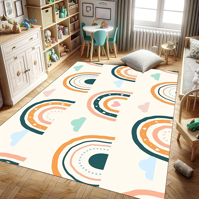 Children's Carpet Girl's Bedroom Rainbow Carpet Living Room Area Rugs Soft Washable Non-Slip Rugs Simple Lovely Rainbow White Cloud Print Children's Room Nursery Decoration Beige 6x8ft
