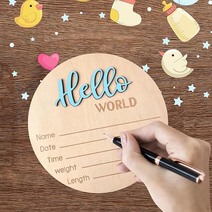 Baby Announcement Sign, 5.9 Inch Wooden Hello World Newborn Signs, Birth Announcement Sign, Baby Shower Hospital Nursery for Newborn Boys and Girls (Sky blue)