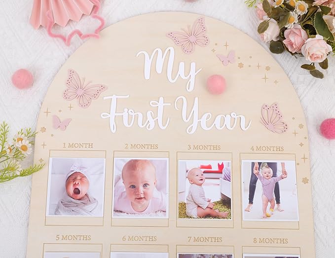 YOUAME My First Year Birthday Wooden Photo Board - Butterfly Themed First Year Milestone Photo Board, 12 Months Baby Girl Birthday Picture Wood Frame, Girls Pink Birthday Party Decorations