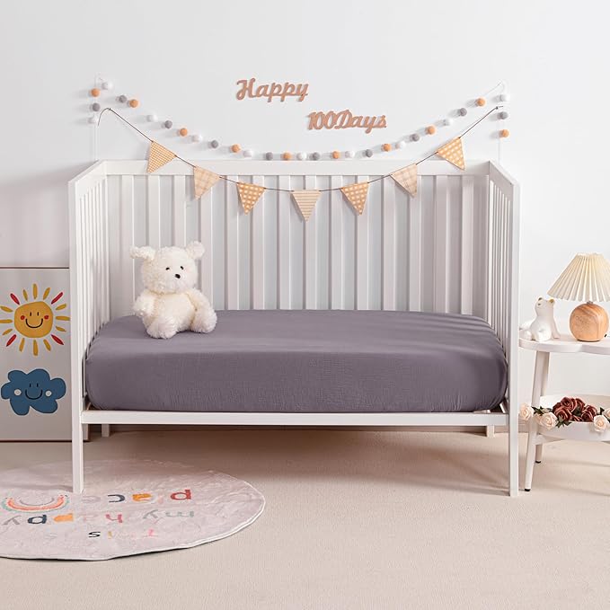 NTBAY 2 Pack Muslin Cotton Mini Crib Sheets, Soft and Breathable Double Layer 24x38 Baby Crib Sheets for Mini Crib and Toddler Mattresses, Boys, Girls, Unisex, Greyish Purple, 24x38 Inches