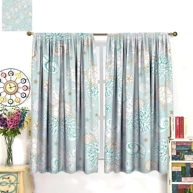 Nautical Curtains,Seagorses Coral Starfish Reef Seashell Beach Sea Seashell Pattern Blackout Print Home Bedroom Living Room Window Treatmen 2 Panel Set 63x72 Inch