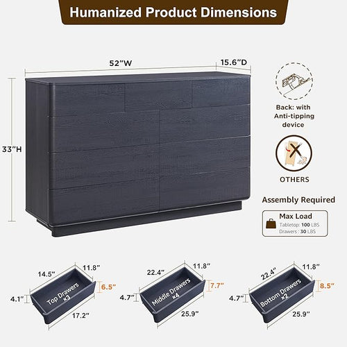 ACCOHOHO Modern 9 Drawer Dresser for Bedroom, 52" Wide Wooden Dressers with Large Storage,Handleless Chest of Drawers TV Stand for Living Room & Hallway, Curved Profile Design, Black