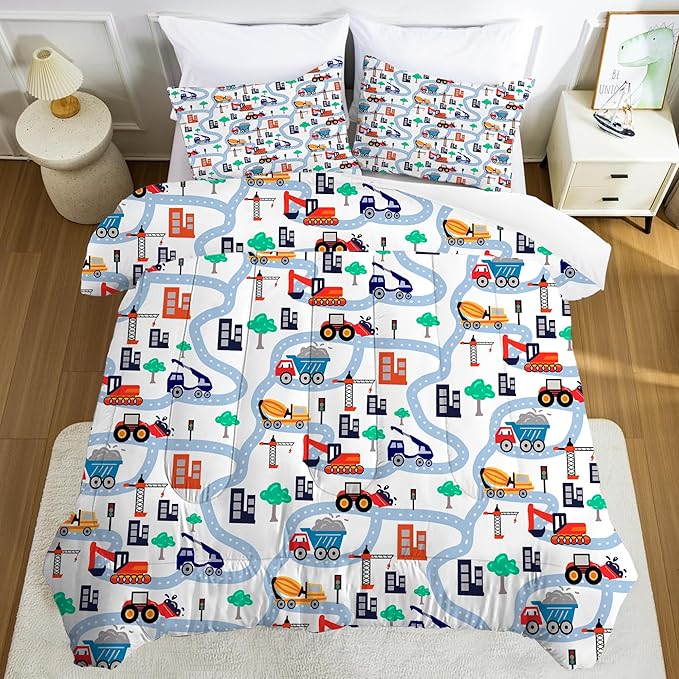 Cartoon Truck Comforter Set Twin: Construction Bedding Set for Boys Kids Children Bedroom Dorm White Cute Cars Quilt 1 Comforter + 1 Pillow Case