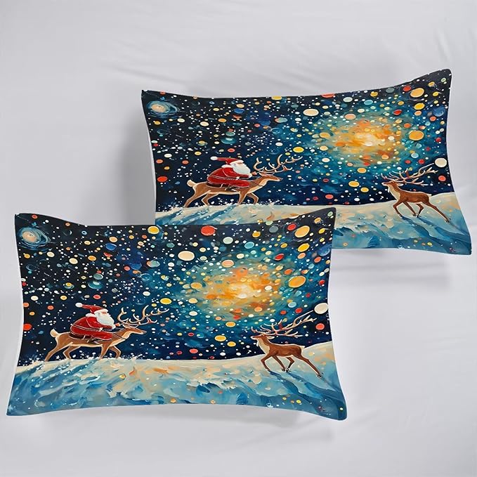 Christmas Comforter Set King: Blue Galaxy Bedding Twin Size for Kids Girls Bedroom Festival Santa Claus Deer Moon Quilt Set 1 Comforter & 1 Pillowcase