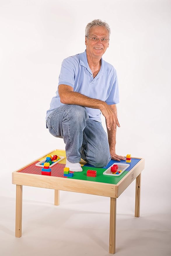Fun Builder® #1 Rated American-Made 4 Color Lego® Compatible Solid Wood Table with Built-in Storage(Patent)-NO Tools-Only 5 Minute Assembly(Patent)-Built to Last Generations! 32"x16"-Ages 5 & UP