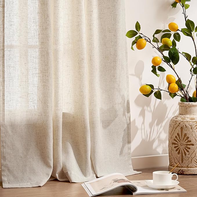 jinchan Floor to Ceiling Linen Blend Curtains 108 Inches Extra Long 2 Panels for Bedroom Living Room, Light Filtering 38 Inches Wide Natural Farmhouse Drapes Rod Pocket Back Tab (38W x 108L, Ecru)