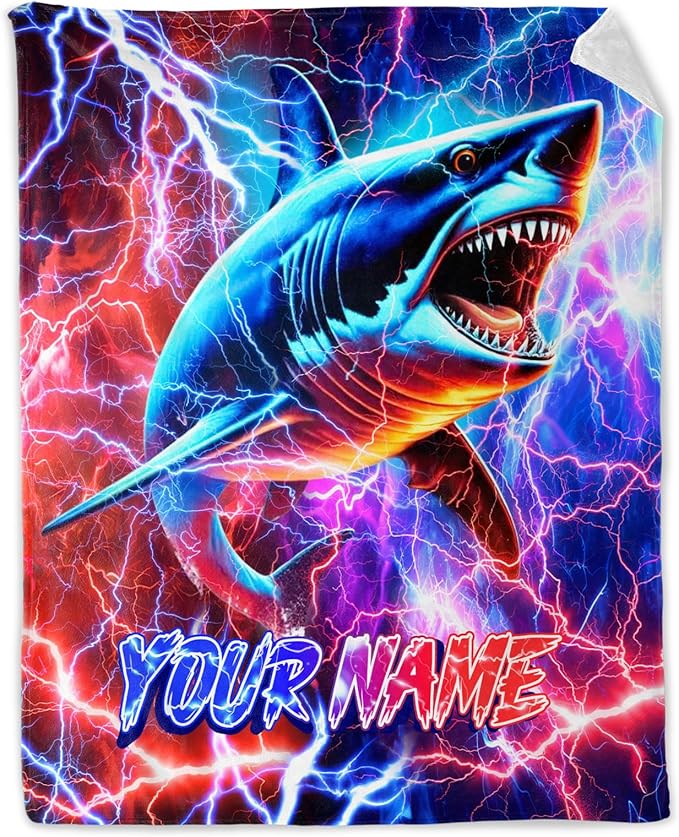 Personalized Boys Blanket Gifts Shark Blankets for Kids, Shark Lovers - Cozy Furry Plush Flannel Throws for Couch, Sofa & Travel
