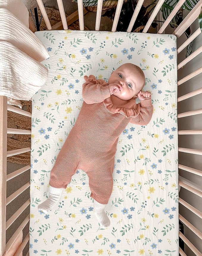 Crib Sheets for Baby Boy Girl 2 Pack, Fitted Crib Mattress Sheet 28" x 52", Muslin Toddler Bedding with Neutral Style, Nursery Bedding Essentials (Spring Garden & Sage)